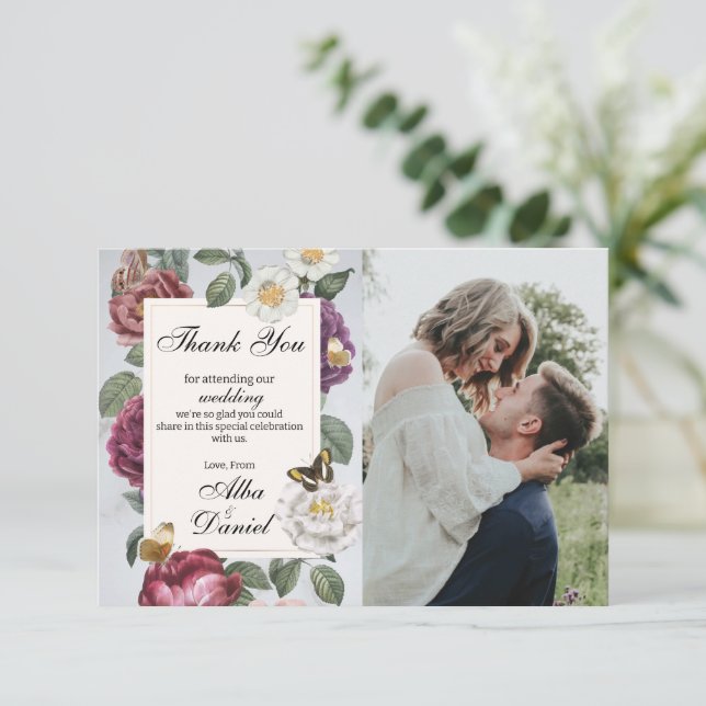 Tarjeta De Agradecimiento Gracias Boda Bloom Floral Photo Butterfly (Anverso de pie)