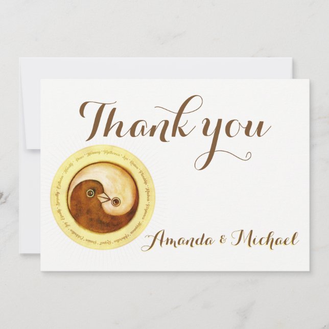 Tarjeta De Agradecimiento GRACIAS BODA CARD Gold YinYang palomas Harmony (Anverso)