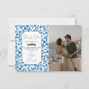 Tarjeta De Agradecimiento Gracias Boda Chintz Floral Azul y Blanca