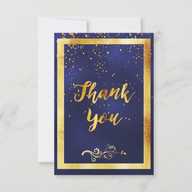 Tarjeta De Agradecimiento Gracias boda confetti de oro azul oscuro (Anverso)