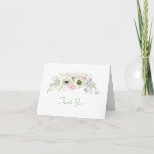 Tarjeta De Agradecimiento Gracias Boda de Anemones Blancos Rosa (Anverso)