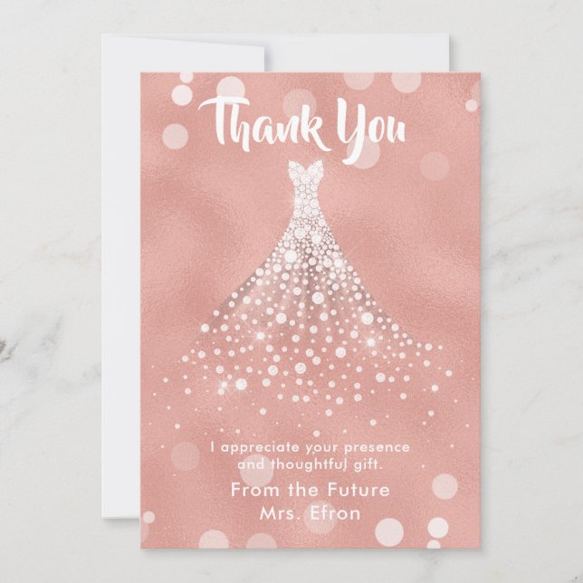 Tarjeta De Agradecimiento Gracias Boda de ducha de novia vestido Rosa de oro (Anverso)