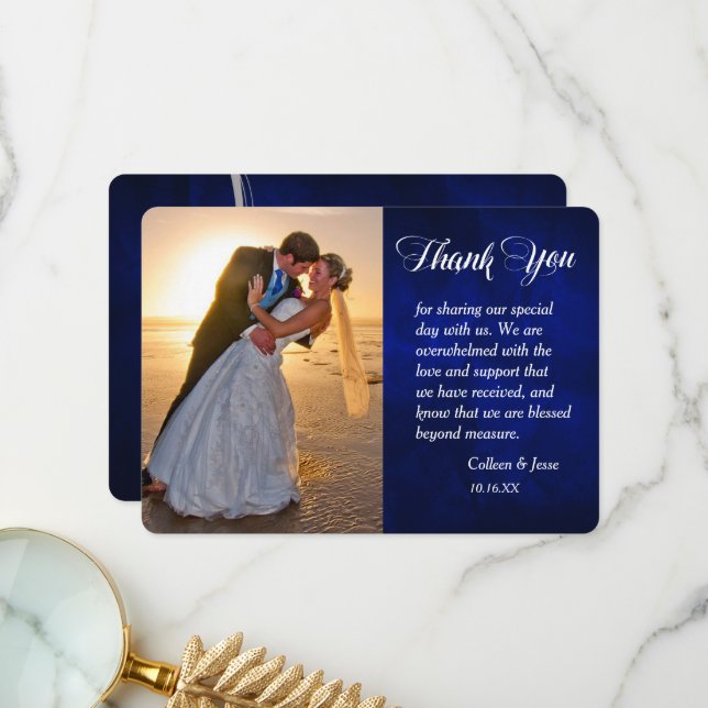 Tarjeta De Agradecimiento Gracias Boda de fotos azul Swirl Leaf Silver (Anverso/Reverso In Situ)