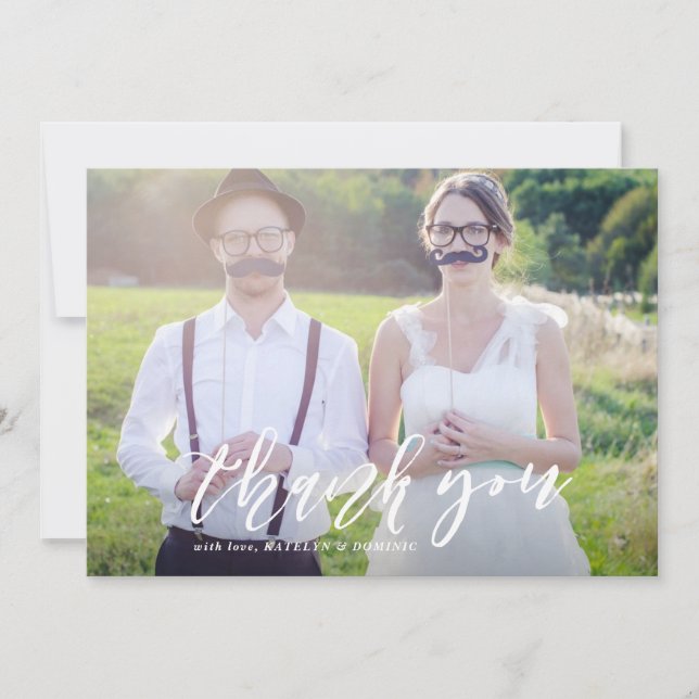 Tarjeta De Agradecimiento Gracias Boda de fotos con guiones con letras blanc (Anverso)