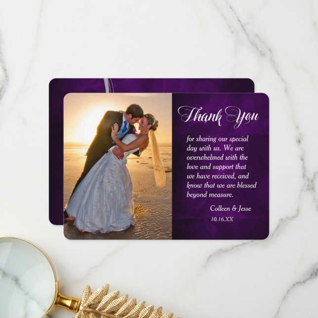 Tarjeta De Agradecimiento Gracias Boda de fotos moradas de Swirl Silver Leaf (Anverso/Reverso In Situ)