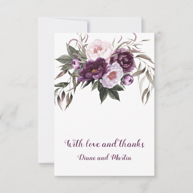 Tarjeta De Agradecimiento Gracias Boda De Peonies De Pluma Púrpura (Anverso)