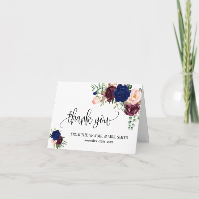 Tarjeta De Agradecimiento Gracias Boda floral de la Marina Boho doblado (Anverso)