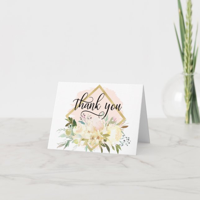 Tarjeta De Agradecimiento GRACIAS Boda Floral Pink Gold Shower | BLANCO (Anverso)