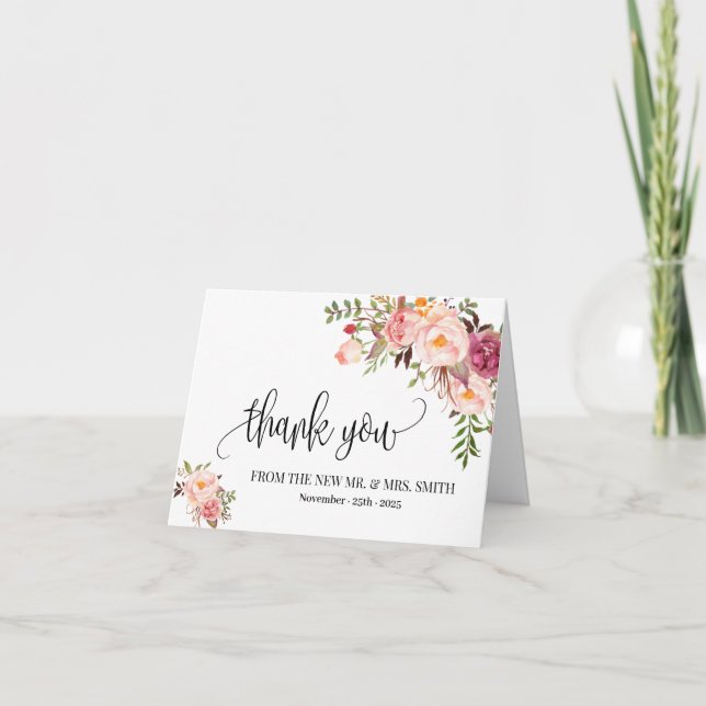 Tarjeta De Agradecimiento Gracias boda floral rosa boho doblado (Anverso)