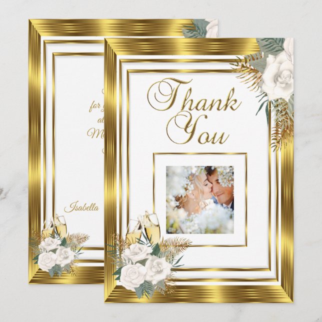 Tarjeta De Agradecimiento Gracias Boda Golden White Rose Champagne (Anverso / Reverso)
