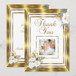 Tarjeta De Agradecimiento Gracias Boda Golden White Rose Champagne