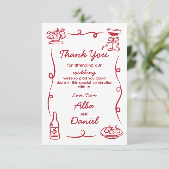 Tarjeta De Agradecimiento Gracias Boda Mano caprichosa roja (Anverso de pie)