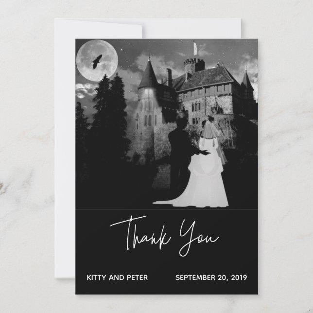 Tarjeta De Agradecimiento Gracias Boda Octubre Mansion Halloween (Anverso)