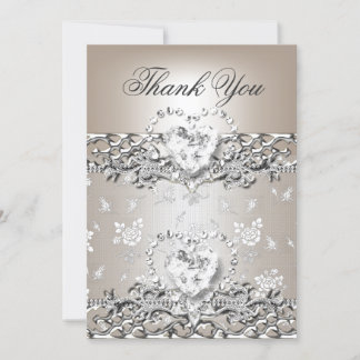 Tarjeta De Agradecimiento Gracias Boda Plata Crema Corazón Diamante