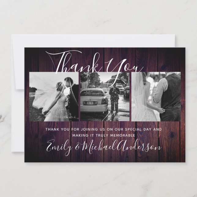 Tarjeta De Agradecimiento Gracias Boda PURPLE Collage de fotos Rústico (Anverso)