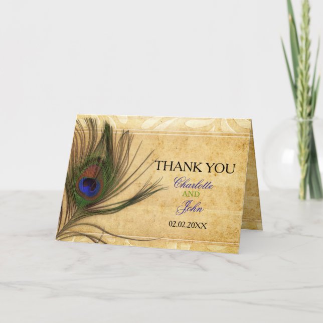 Tarjeta De Agradecimiento Gracias boda Rústico de la pluma de pavo real (Anverso)