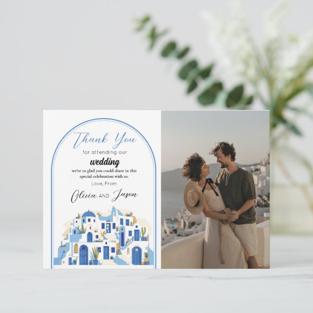 Tarjeta De Agradecimiento Gracias Boda Santorini Grecia Foto Griega (Anverso de pie)