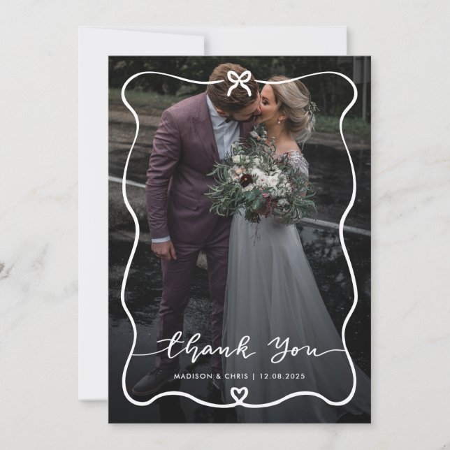 Tarjeta De Agradecimiento Gracias Boda Script Foto Cute Bow Heart (Anverso)