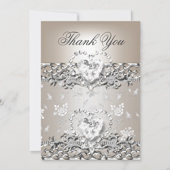 Tarjeta De Agradecimiento Gracias Boda Silver Cream Diamond Heart (Anverso)