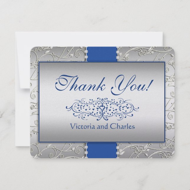 Tarjeta De Agradecimiento Gracias Boda Swirl Azul y Plata (Anverso)