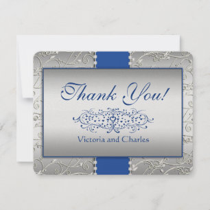 Tarjeta De Agradecimiento Gracias Boda Swirl Azul y Plata