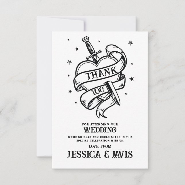 Tarjeta De Agradecimiento Gracias Boda Tradicional Tattoo Heart Knife (Anverso)