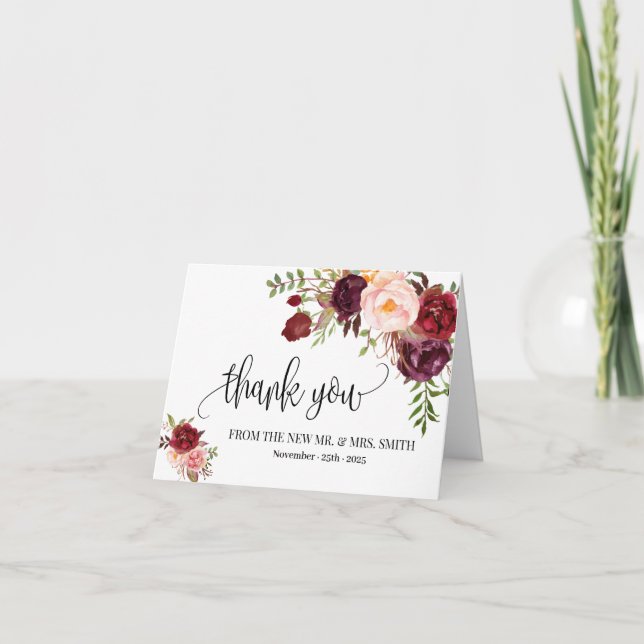 Tarjeta De Agradecimiento Gracias boho marsala boda floral plegado (Anverso)