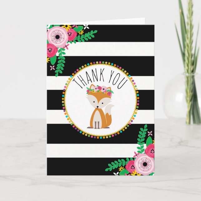 Tarjeta De Agradecimiento Gracias Boho Stripes Fox Baby Shower (Anverso)