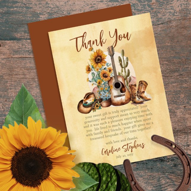 Tarjeta De Agradecimiento Gracias Boho Western Guitar Sunflowers (Add your message of thanks on the bottom front or if you have more to say, the back is blank.)