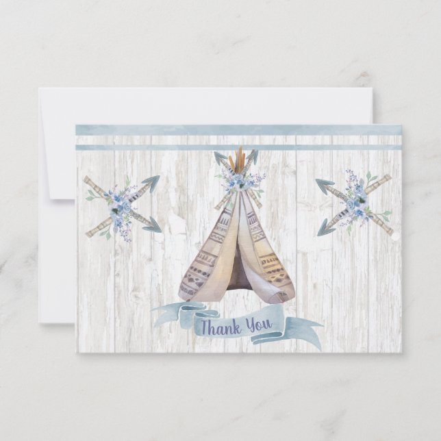Tarjeta De Agradecimiento Gracias | Boy Baby Blue Shower Boho Moda Teepee (Anverso)