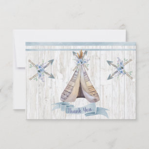 Tarjeta De Agradecimiento Gracias   Boy Baby Blue Shower Boho Moda Teepee
