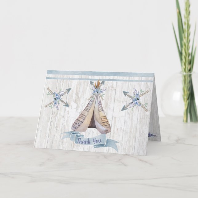 Tarjeta De Agradecimiento Gracias | Boy Baby Blue Shower Boho Moda Teepee (Anverso)