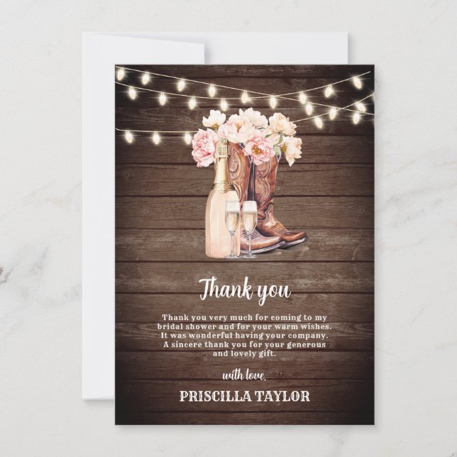 Tarjeta De Agradecimiento GRACIAS BRIDAL SHOWER Cowgirl Rustic Boots (Anverso)
