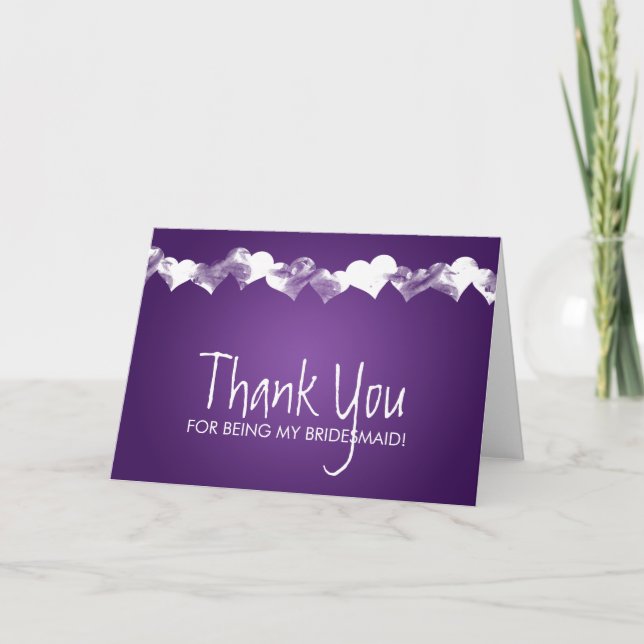 Tarjeta De Agradecimiento Gracias, Bridesmaid Grunge Hearts Purple (Anverso)