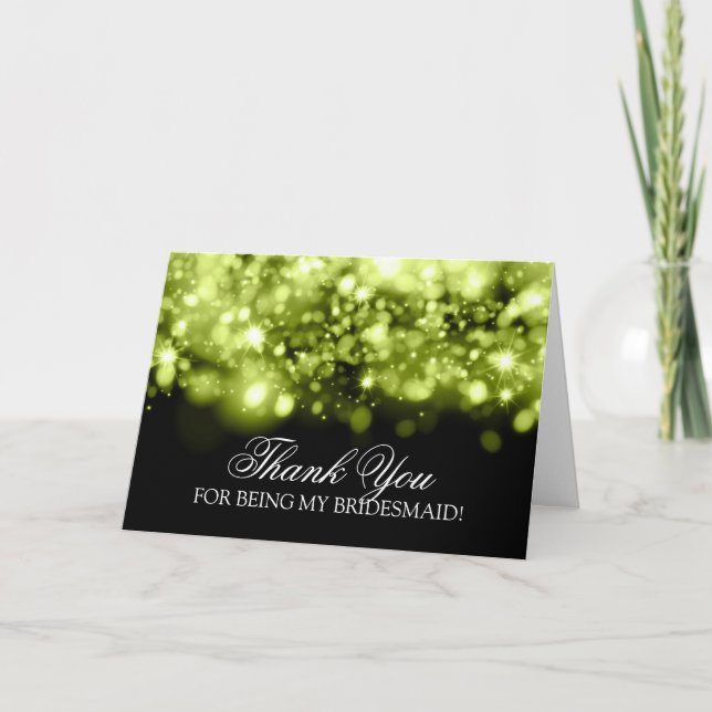 Tarjeta De Agradecimiento Gracias, Bridesmaid Sparkling Lights Lime Black (Anverso)