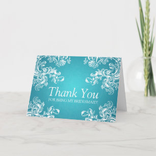 Tarjeta De Agradecimiento Gracias Bridesmaid Vintage Swirls 2 Turquoise