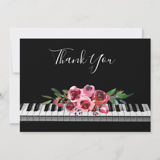 Tarjeta De Agradecimiento gracias calligrafía piano ramo de rosas rojas (Anverso)