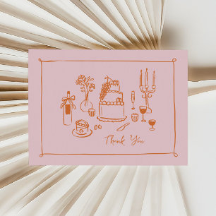 Tarjeta De Agradecimiento Gracias caprichoso doodle dibujado a mano rosa