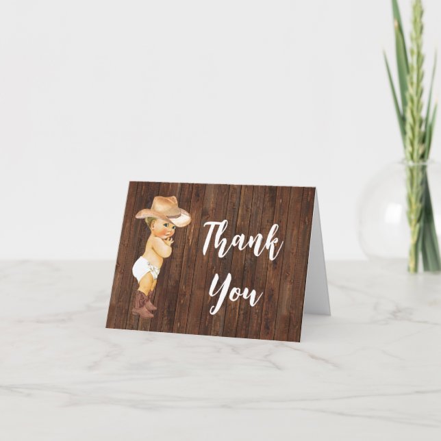 Tarjeta De Agradecimiento Gracias Card Little Cowboy Blue Baby Shower (Anverso)