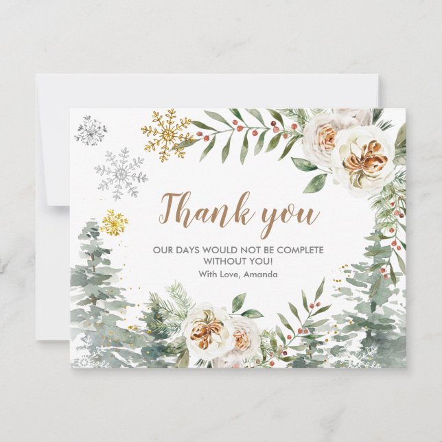 Tarjeta De Agradecimiento Gracias Card Winter White Floral Pine Trees Gold (Anverso)