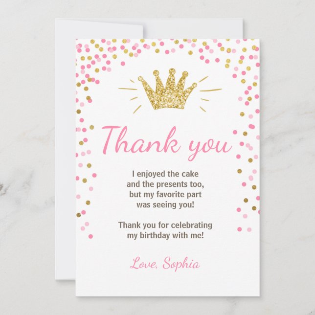 Tarjeta De Agradecimiento Gracias cardar a princesa Birthday Gold Pink (Anverso)