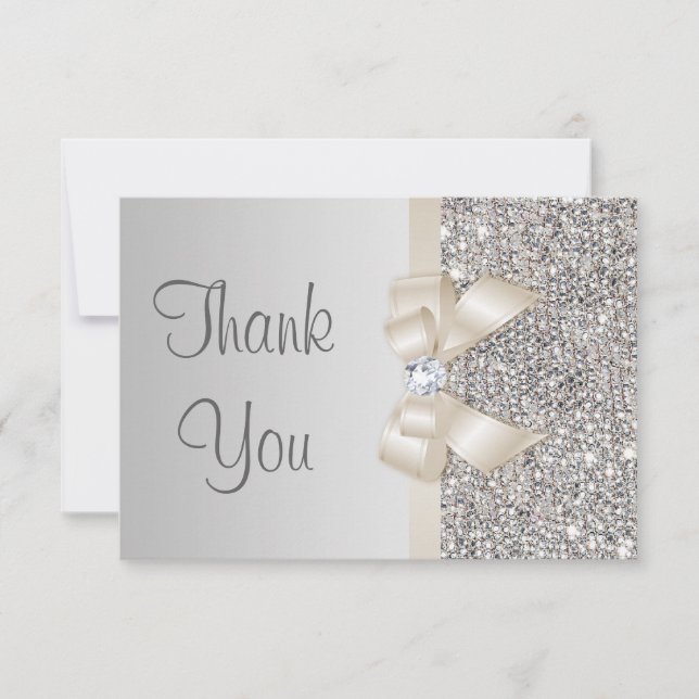 Tarjeta De Agradecimiento Gracias Champagne Light Bow Silver Sequins (Anverso)