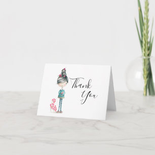 Tarjeta De Agradecimiento "Gracias" Chica De Boho Con Pájaro