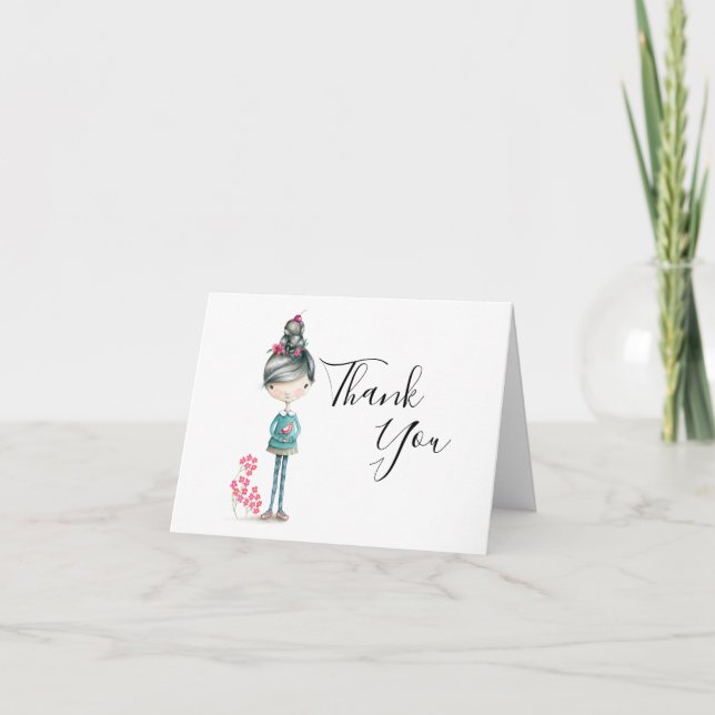 Tarjeta De Agradecimiento "Gracias" Chica De Boho Con Pájaro (Anverso)