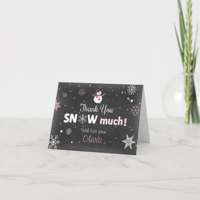 Tarjeta De Agradecimiento Gracias, Chica Rosado de Winter Onederland Snowman (Anverso)