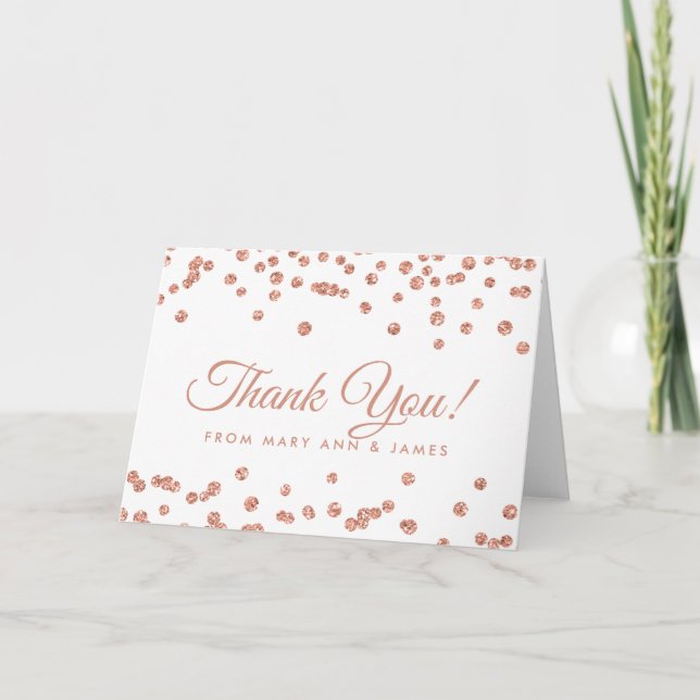 Tarjeta De Agradecimiento "Gracias" Confeti Blanco con Brillo Rosa Dorado (Anverso)
