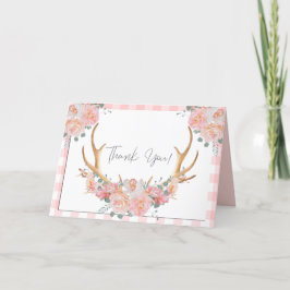 Tarjeta De Agradecimiento Gracias | Coral Gingham BOHO Floral Antlers