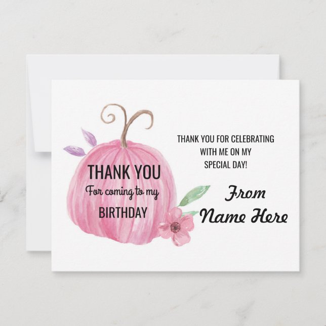 Tarjeta De Agradecimiento Gracias cumpleaños del rosa de la calabaza de las (Anverso)