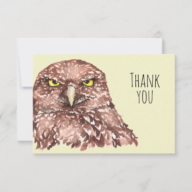 Tarjeta De Agradecimiento Gracias, Cute acuarela Burrowing Owl Bird Art (Anverso)