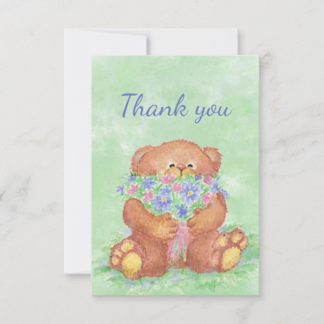 Tarjeta De Agradecimiento Gracias, Cute Teddy Bear Holding Flower Bouquet (Anverso)